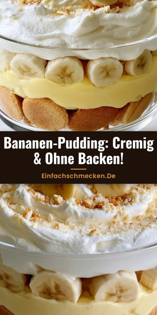 Nahaufnahme von Bananenpudding ohne Backen in einer Glasschale mit Schichten aus Eierplätzchen, gelber Creme und Sahne.