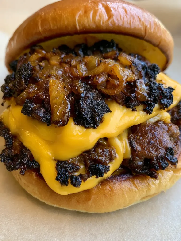 Handgehaltener Oklahoma Onion Smash Burger mit zerlaufendem gelbem Käse vor neutralem Hintergrund.