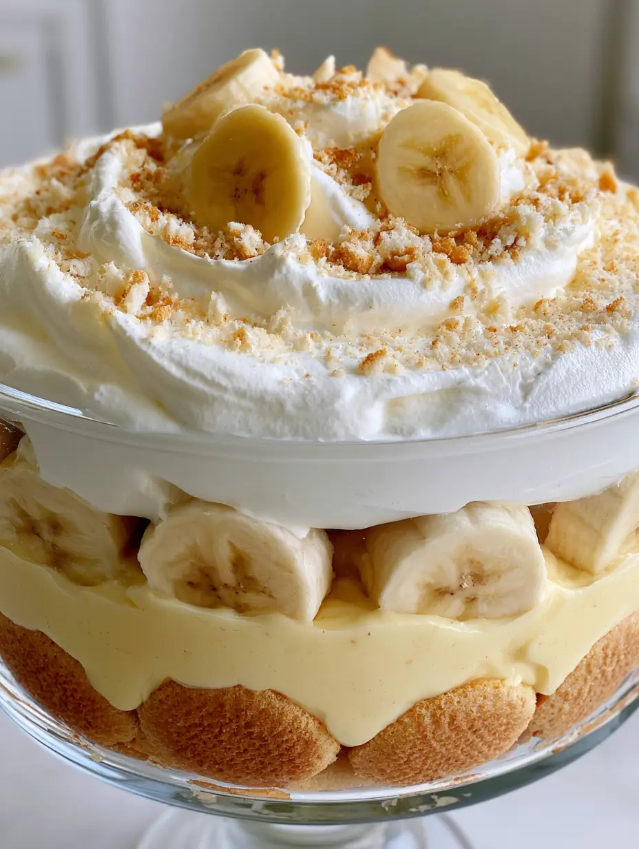 Seitenansicht der Schichten eines Bananenpudding ohne Backen mit Vanillecreme und frischen Bananenscheiben.