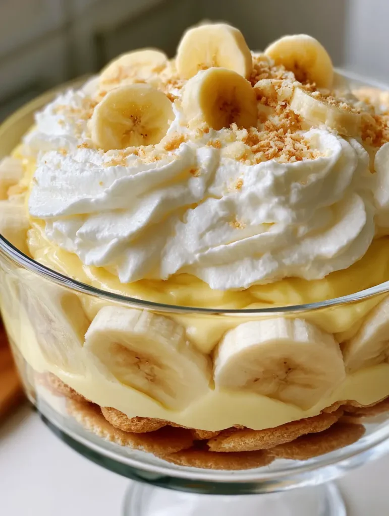 Draufsicht auf den fertigen Bananenpudding ohne Backen garniert mit Sahnehaube und Keksbröseln.