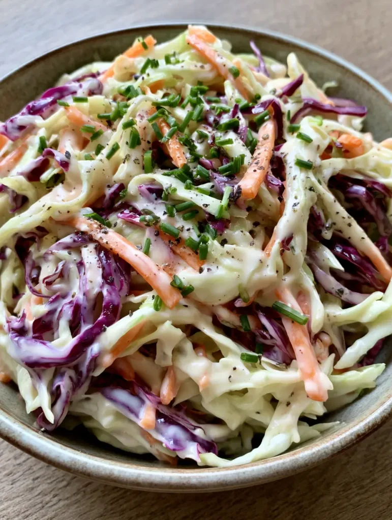 Krautsalat Rezept: Die ultimative Anleitung für cremigen & knackigen Coleslaw 1 Detailaufnahme der cremigen Textur des Krautsalat Rezept mit Schnittlauch und schwarzem Pfeffer.