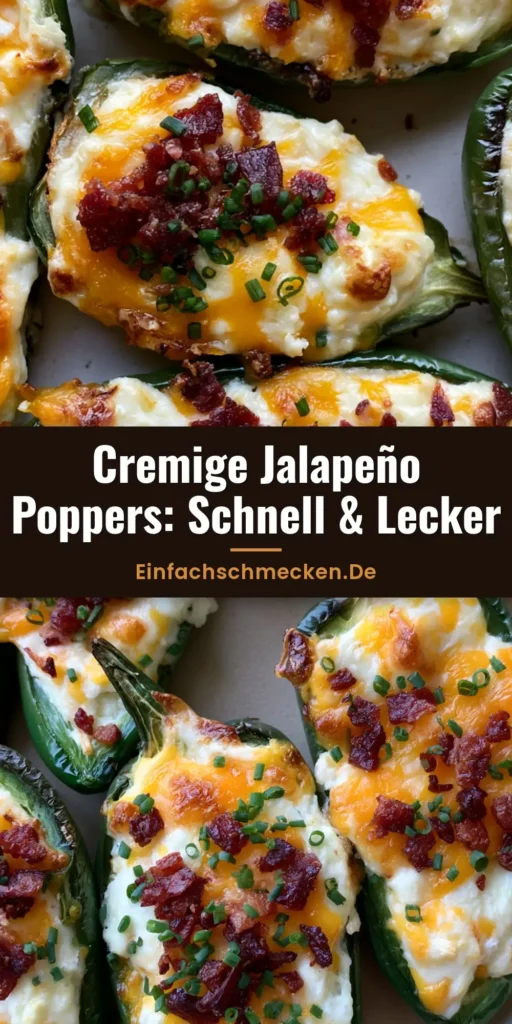 Draufsicht auf fertig gebackene Jalapeño Poppers mit geschmolzenem Cheddar, knusprigem Speck und Schnittlauch. (Jalapeño Poppers Rezept)