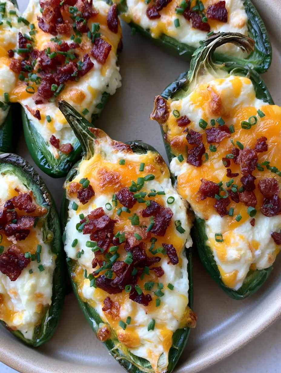 Nahaufnahme von gebackenen Jalapeño-Hälften mit Blasen auf der Haut und geschmolzenem orangefarbenem Käse. (Jalapeño Poppers Rezept)