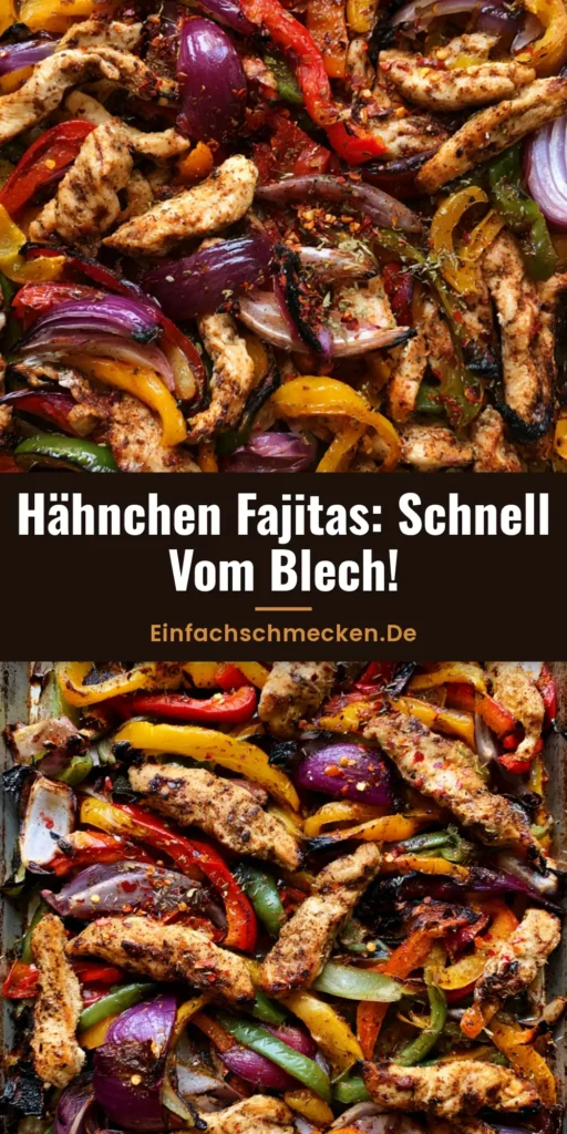 Hähnchen Fajitas vom Blech: Das ultimative 20-Minuten-Rezept 4 Draufsicht auf ein Backblech mit Hähnchen Fajitas vom Blech, bunten Paprikastreifen und roten Zwiebeln, perfekt geröstet.