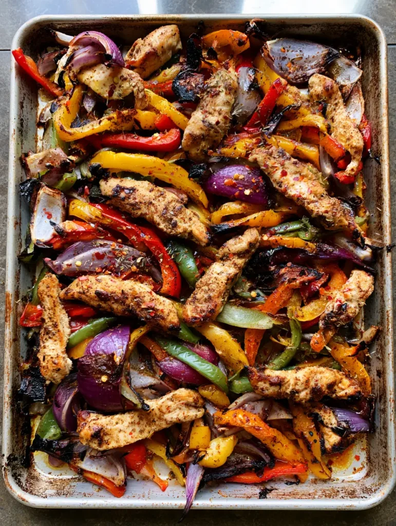 Hähnchen Fajitas vom Blech: Das ultimative 20-Minuten-Rezept 2 Nahaufnahme von Hähnchen Fajitas vom Blech mit Paprika, Zwiebeln und Gewürzen auf einem Metallblech.
