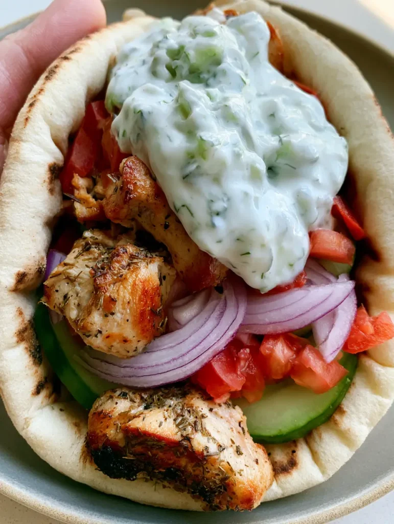 Nahaufnahme eines griechischen Hähnchen Gyros in der Hand gehalten, goldbraune Fleischstücke sichtbar. (Hähnchen Gyros Rezept)