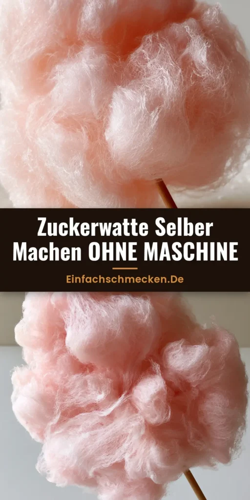 Ein großes Bündel luftiger pastellrosa Zuckerwatte auf einem Holzstab, Zuckerwatte selber machen.