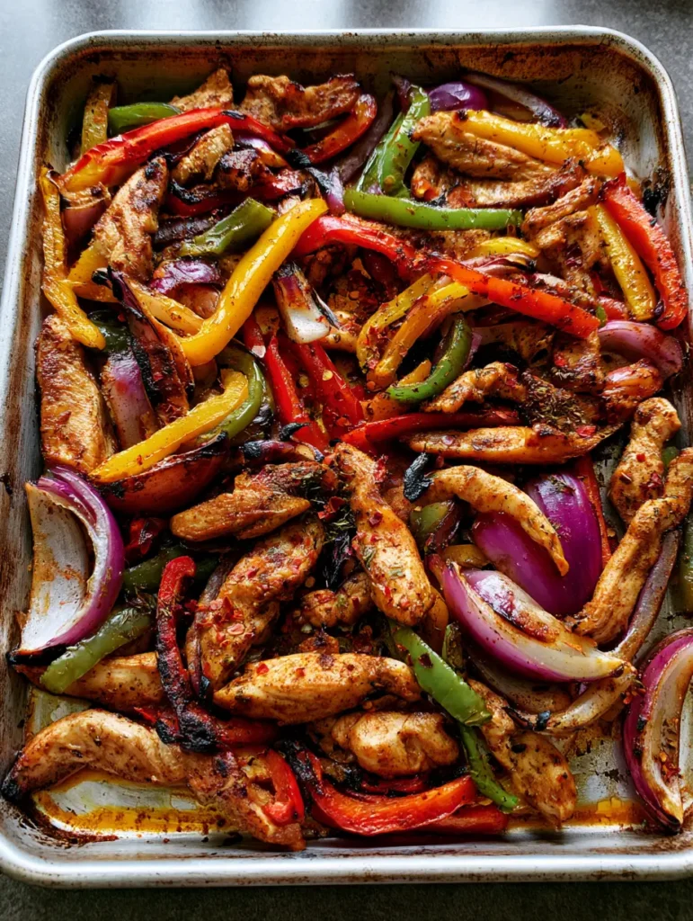 Hähnchen Fajitas vom Blech: Das ultimative 20-Minuten-Rezept 1 Geröstete Hähnchenstreifen und bunte Paprika mit Chiliflocken und Kräutern garniert.