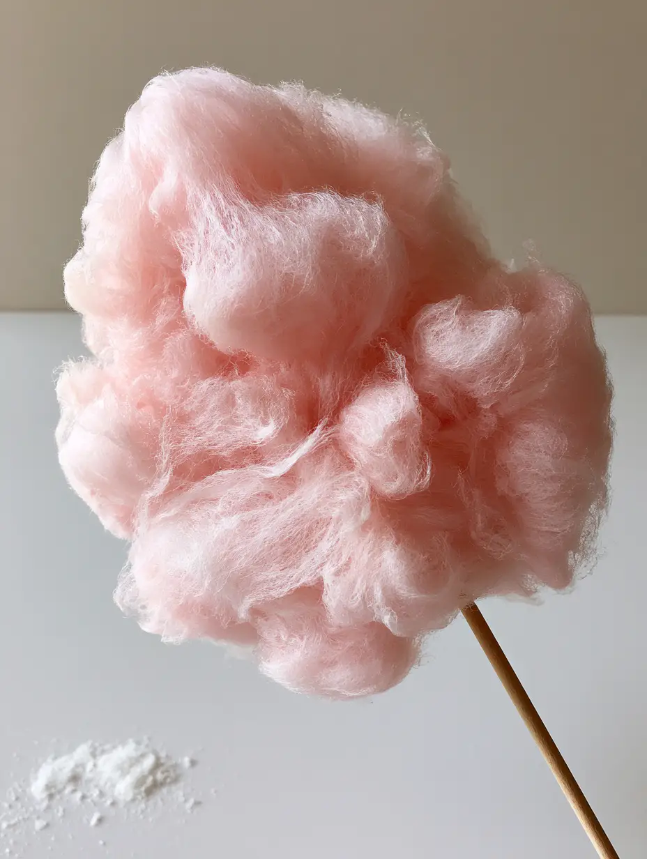 Nahaufnahme von feinen rosa Zuckerfäden, die eine fluffige Textur bilden, Zuckerwatte selber machen.