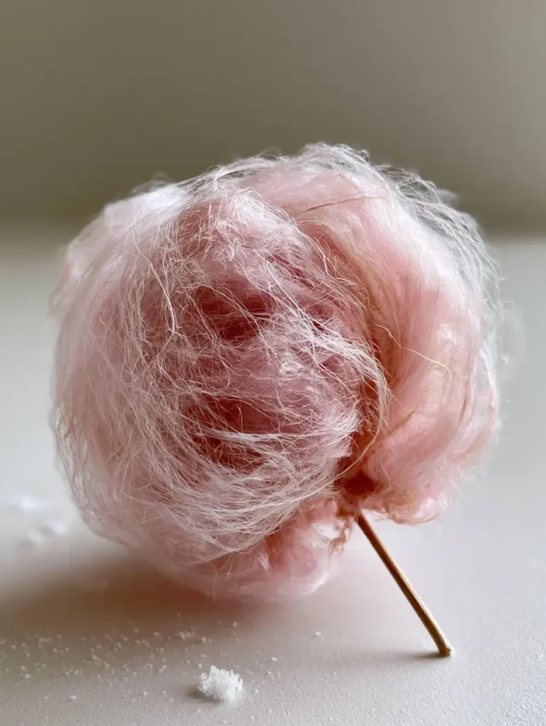 Handgehaltene Zuckerwatte in einer hellen Küche, Fokus auf den luftigen Fäden.