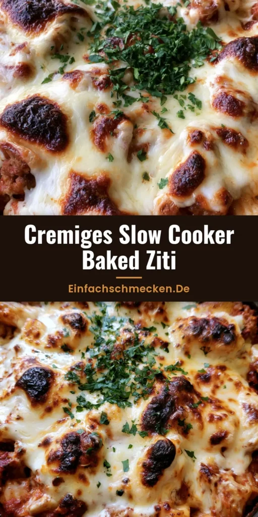 Draufsicht auf Slow Cooker Pasta mit geschmolzenem Mozzarella und frischer Petersilie in einem dunklen Keramiktopf.