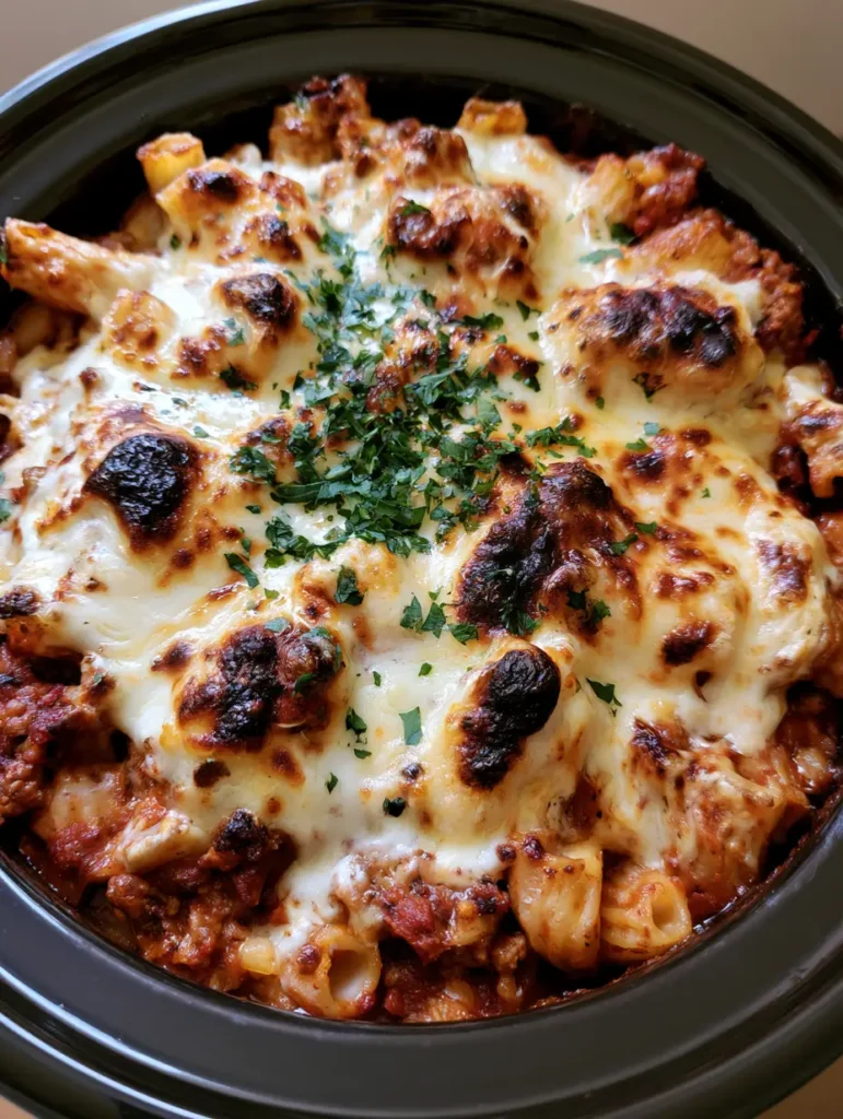 Nahaufnahme von Slow Cooker Pasta Baked Ziti mit Hackfleisch und Tomatensauce.
