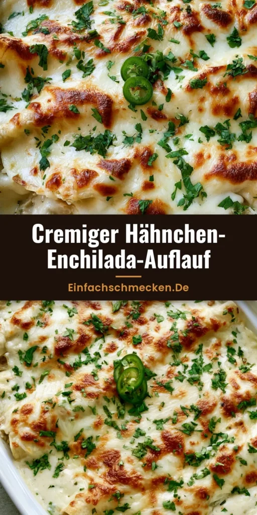 Draufsicht auf einen Hähnchen-Enchilada-Auflauf in einer weißen Form mit geschmolzenem Käse, Koriander und Jalapeños.