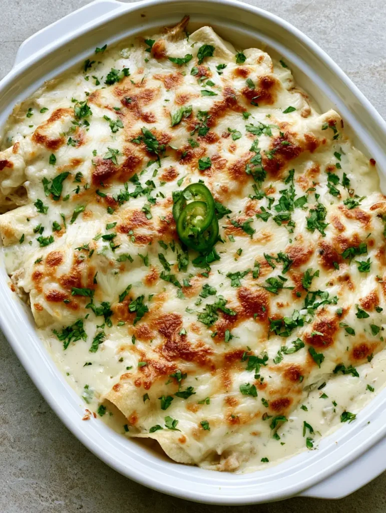 Nahaufnahme von geschmolzenem Monterey Jack Käse mit goldbraunen Stellen auf einem Hähnchen-Enchilada-Auflauf.