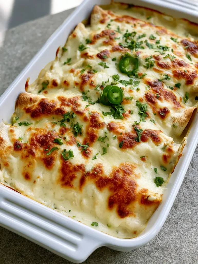 Gefaltete Mais-Tortillas in einer weißen Sauce als Basis für den Hähnchen-Enchilada-Auflauf.