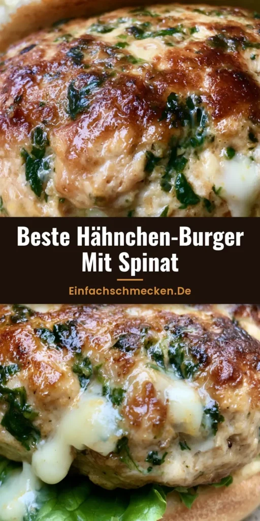 Ein saftiger Hähnchen-Burger mit Spinat in einem Brioche-Bun mit geschmolzenem weißen Cheddar.