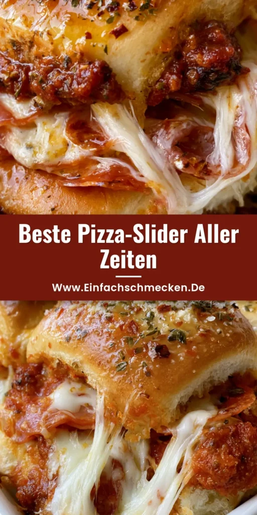 Nahaufnahme von Pizza Slidern aus goldenen Milchbrötchen mit geschmolzenem Mozzarella und Salami in einer weißen Backform.