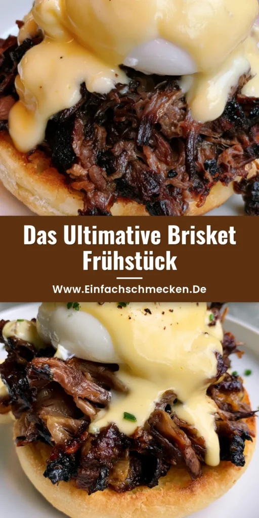 Gourmet Brisket Eggs Benedict auf einem weißen Teller mit flüssigem Eigelb und Schnittlauch-Garnitur.