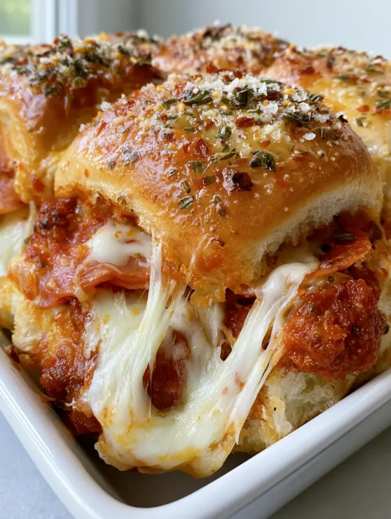 Ein Stapel Pizza Slider mit extremem Cheese-Pull und glänzender Kräuterbutter-Glasur.