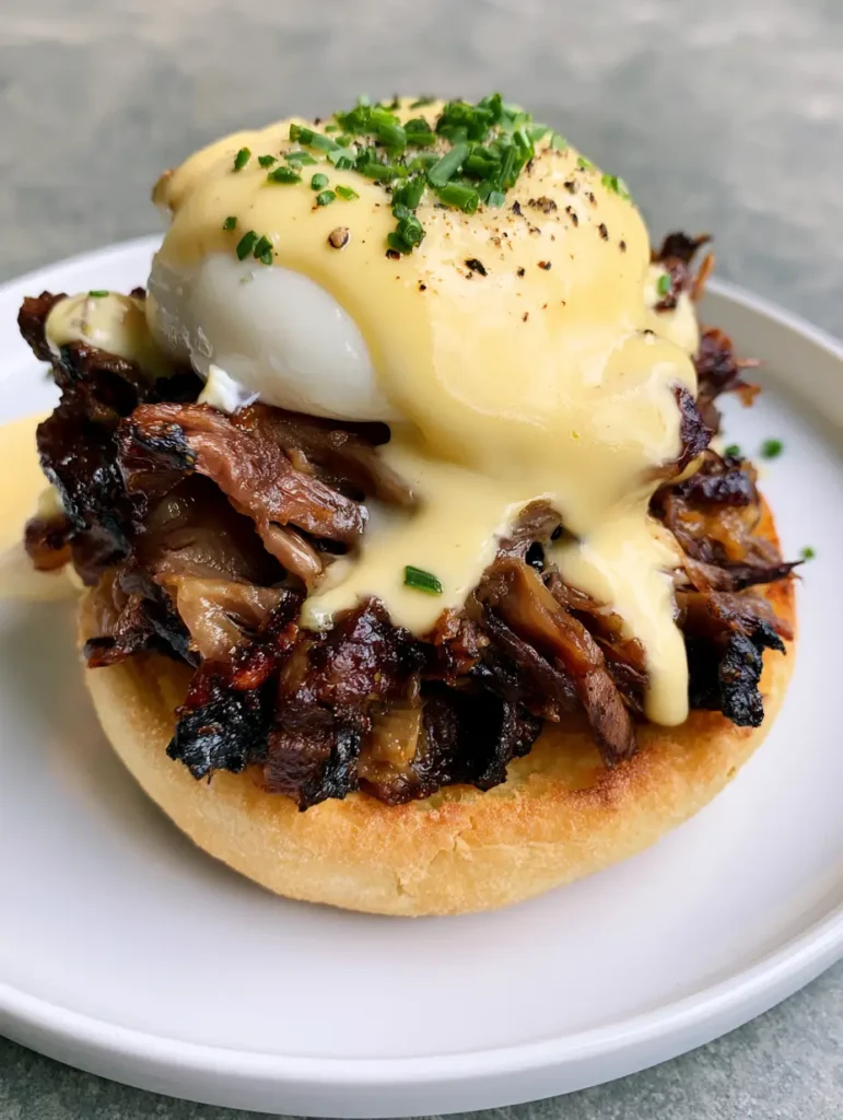 Nahaufnahme von Brisket Eggs Benedict mit knusprigen Fleischrändern und glänzender Hollandaise.