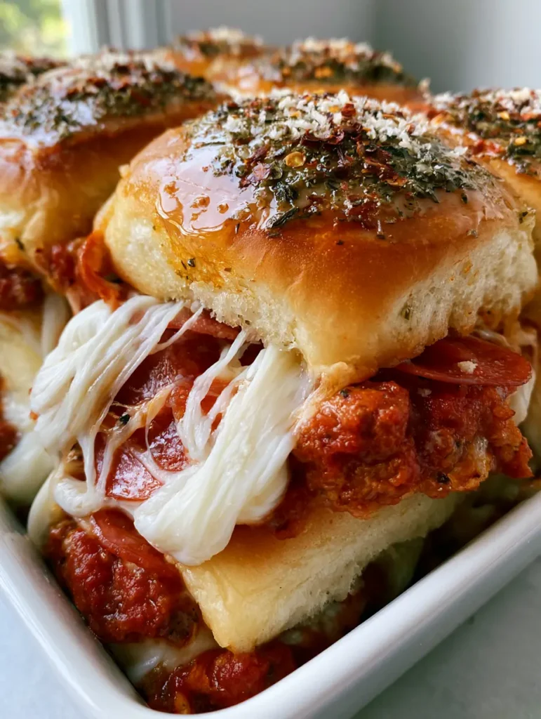 Draufsicht auf fertig gebackene Pizza Slider mit Oregano und Parmesan-Topping in einer Auflaufform.