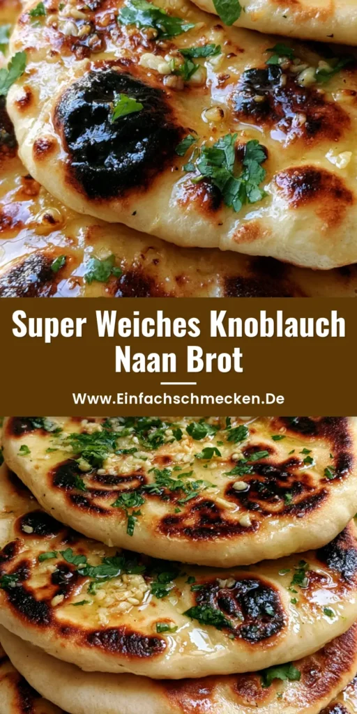 Ein Stapel warmes Knoblauch Naan Brot mit goldbraunen Röststellen, glänzendem Butter-Finish und frischem Koriander.