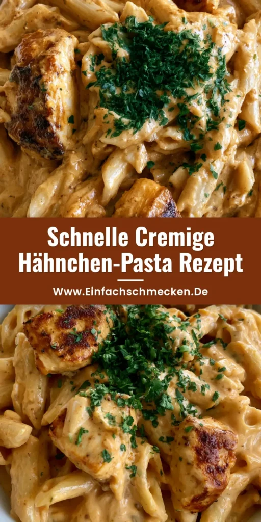 Draufsicht auf eine weiße Schüssel mit Penne Hähnchen-Pasta in cremiger orangefarbener Sauce und viel frischer Petersilie.