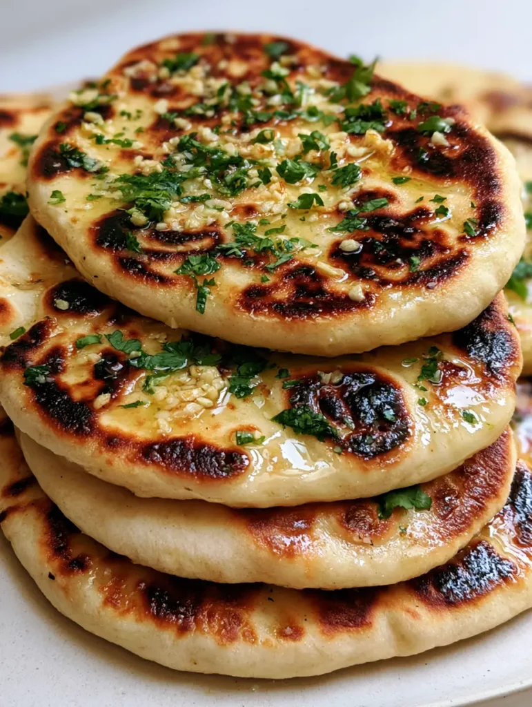 Nahaufnahme von Knoblauch Naan Brot Stücken mit butteriger Oberfläche und Kräutern auf minimalistischem Hintergrund.