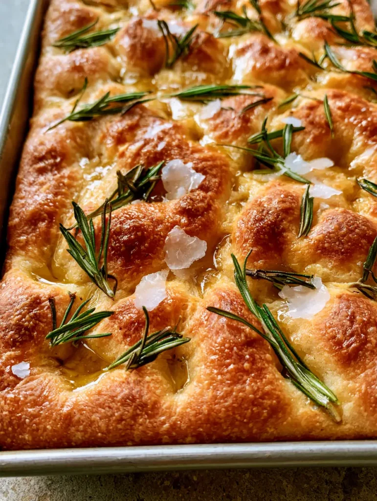 Focaccia aus Sauerteig-Resten: Goldbraun, knusprig & unglaublich fluffig 1 Pillowy Textur der Focaccia aus Sauerteig-Resten auf einer rustikalen Küchentheke.