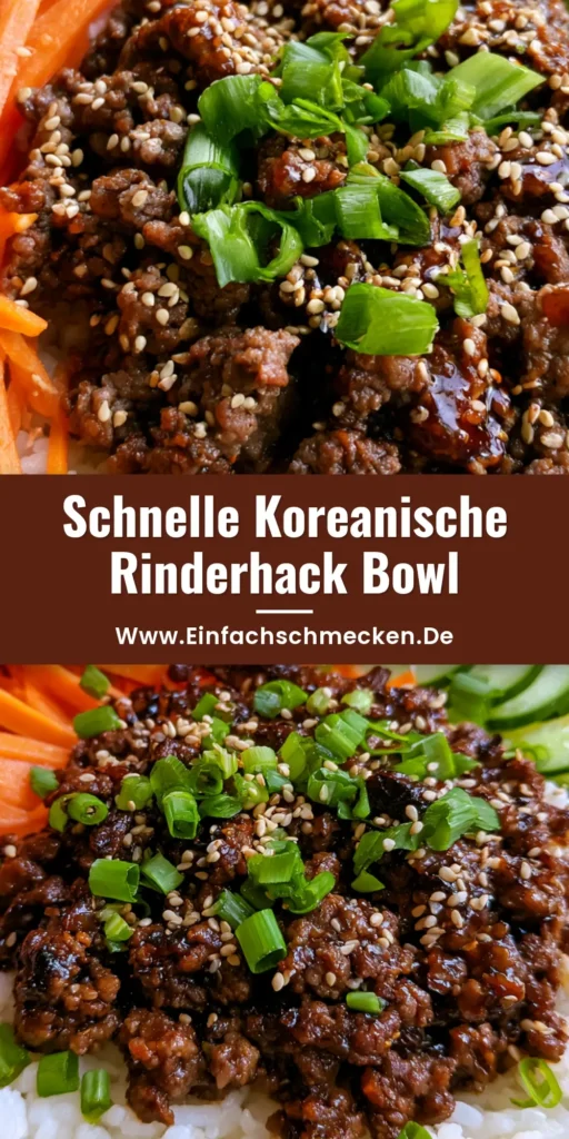 Draufsicht einer Koreanischen Rinderhack Bowl mit karamellisiertem Fleisch, Jasminreis, Karottenjulienne und Gurkenscheiben in einer Steingutschüssel.