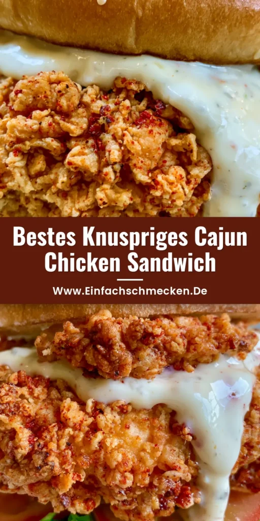 Nahaufnahme eines knusprigen Cajun Chicken Sandwich mit goldbrauner Panade, Knoblauch-Aioli, Salat und Tomaten auf einem Sesam-Brioche-Bun.