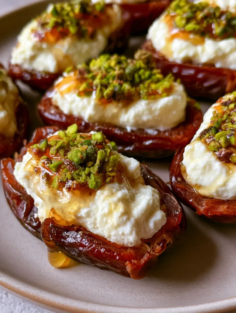 Nahaufnahme von gefüllten Medjool-Datteln mit cremiger Ricotta-Füllung und Honig.