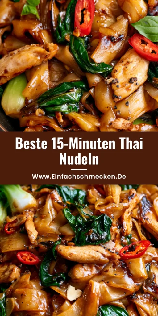 Nahaufnahme von Thai Drunken Noodles (Pad Kee Mao) in einer dunklen Schale mit glänzenden Reisnudeln, Hähnchen und Thai-Basilikum.