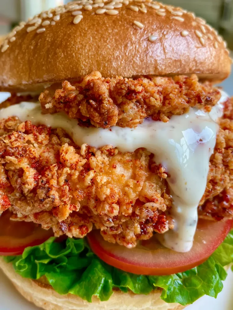 Ein saftiges Cajun Chicken Sandwich in der Hand gehalten, die dicke Knoblauch-Aioli läuft an der Seite herunter.