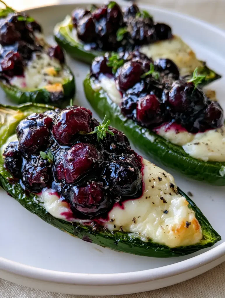 Ein Löffel Blaubeer-Kompott wird über geschmolzenen Brie in einer Jalapeño gegossen.