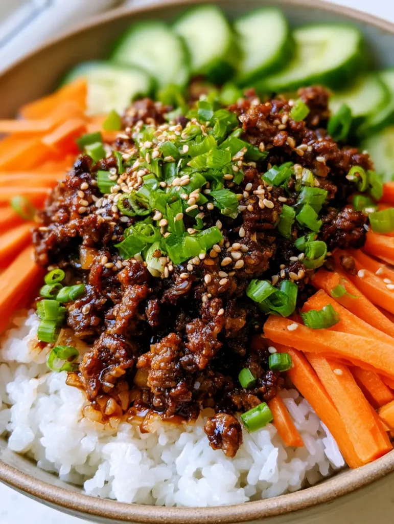 Fertig angerichtete Koreanische Rinderhack Bowl in natürlichem Licht mit frischen Karotten und Gurken.