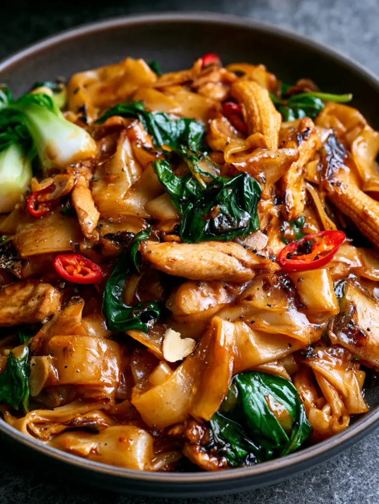 Detailansicht der breiten Reisnudeln mit dunkler Sauce und karamellisierten Rändern im Wok.