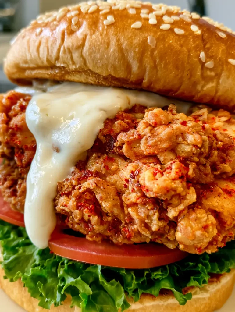 Zwei fertige Cajun Chicken Sandwiches auf einer Arbeitsplatte, bereit zum Servieren.