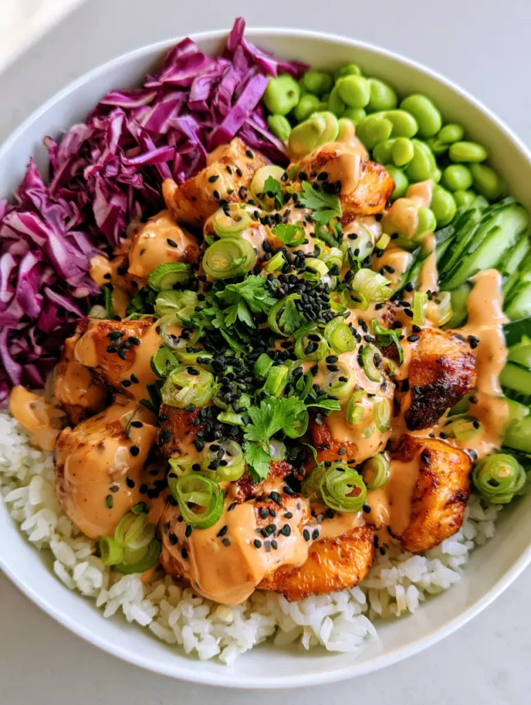 Nahaufnahme einer Schüssel mit Bang Bang Chicken, serviert mit frischem Gemüse und Sesam.