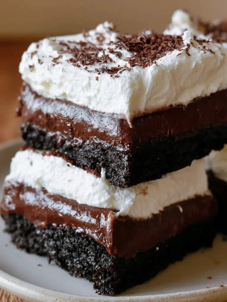 Nahaufnahme der Schichten einer Schokoladen-Creme-Schnitte: dunkler Keksboden, glänzender Pudding und weiße Sahne.