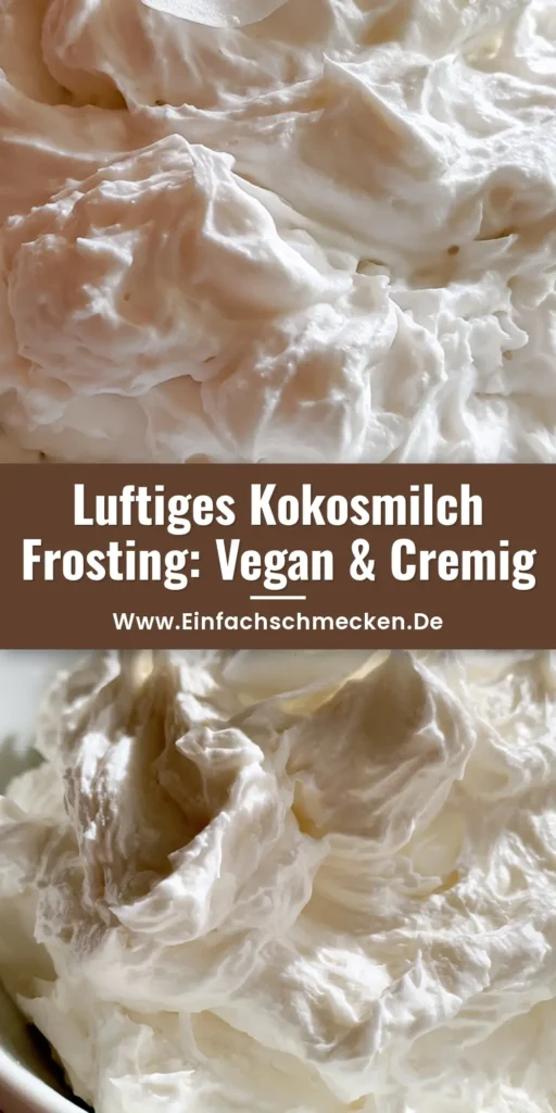 Ein vertikales Pinterest-Bild, das eine weiße Schüssel mit fluffigem Kokosmilch Frosting auf einem Holztisch zeigt, garniert mit Kokosflocken.