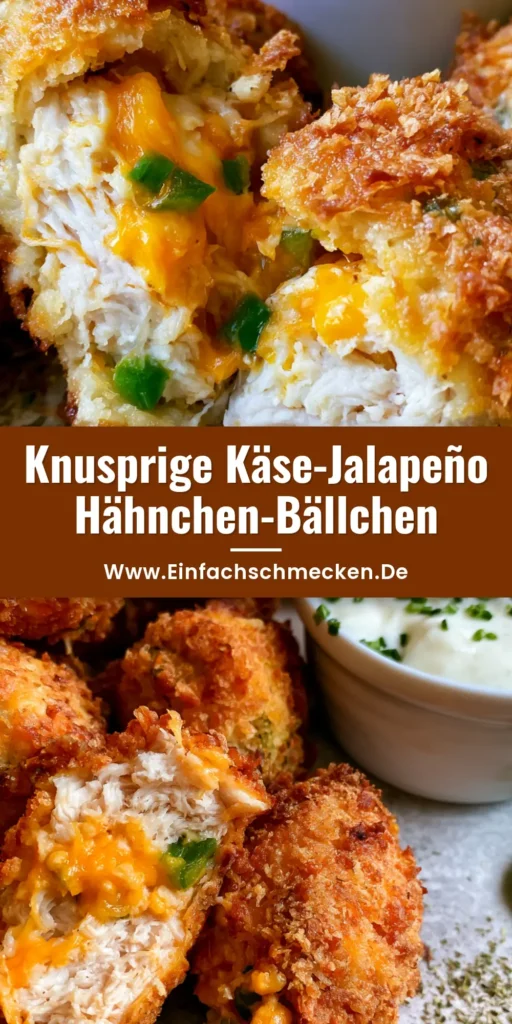 Goldbraune Hähnchen-Poppers mit Käse auf einem rustikalen Teller, einer ist aufgeschnitten und zeigt geschmolzenen Cheddar.