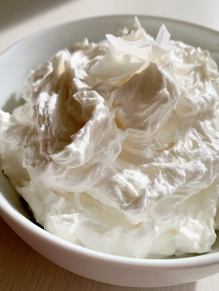 Nahaufnahme von Kokosmilch Frosting in einer weißen Keramikschüssel mit weichen Spitzen und Kokosraspeln.