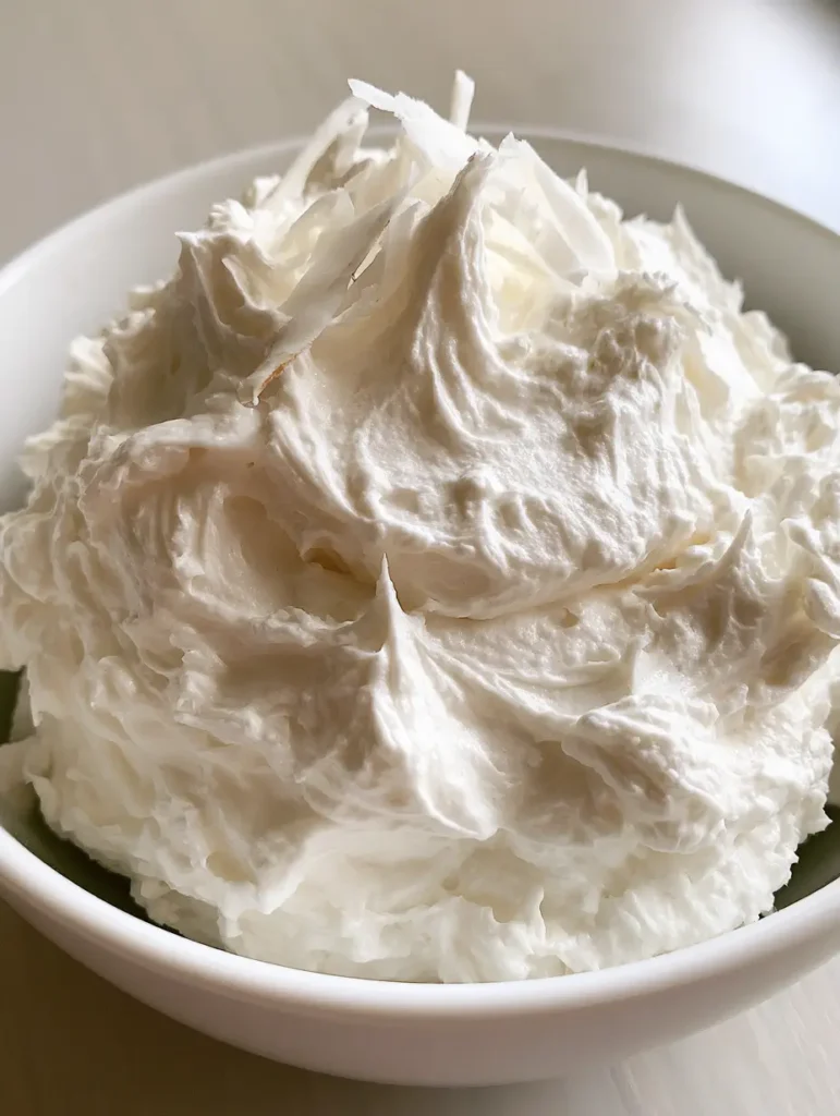 Kokosmilch Frosting serviert in einer Schüssel auf hellem Holzgrund, beleuchtet durch Tageslicht.