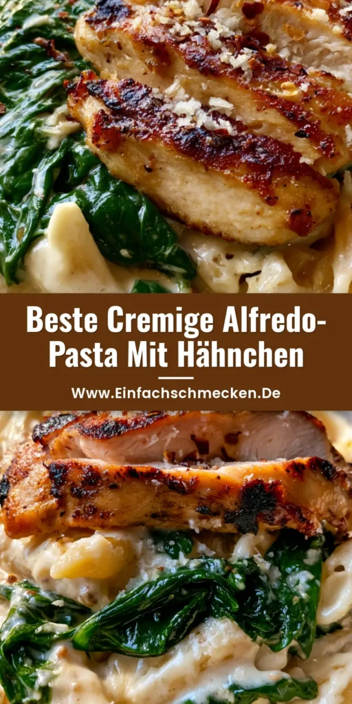 Draufsicht auf eine cremige Hähnchen-Spinat-Pasta in einer weißen Schale, garniert mit Parmesan und Chiliflocken.