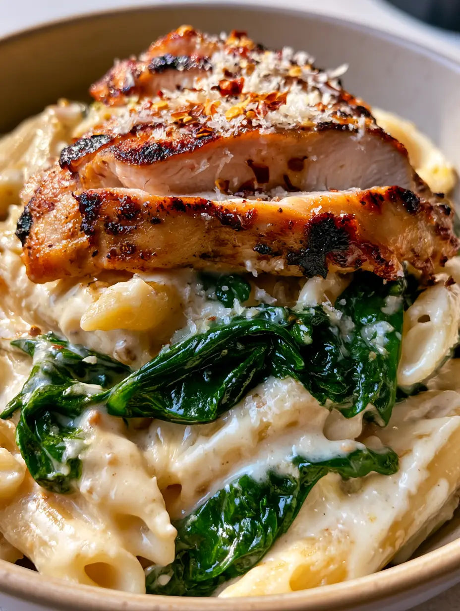 Nahaufnahme von Penne Nudeln in weißer Alfredo-Sauce mit leuchtendem Spinat und gebratenem Hähnchen.