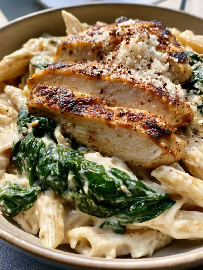 Ein köstlicher Teller Hähnchen-Spinat-Pasta mit viel Parmesan und Chiliflocken garniert.