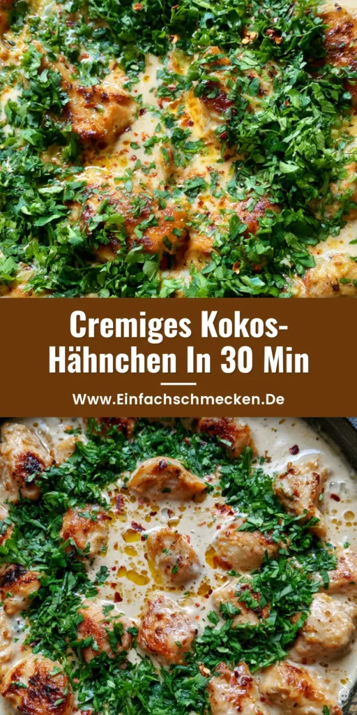 Draufsicht auf ein Kokos-Hähnchen Rezept in einer schwarzen gusseisernen Pfanne mit Koriander und Chiliflocken.