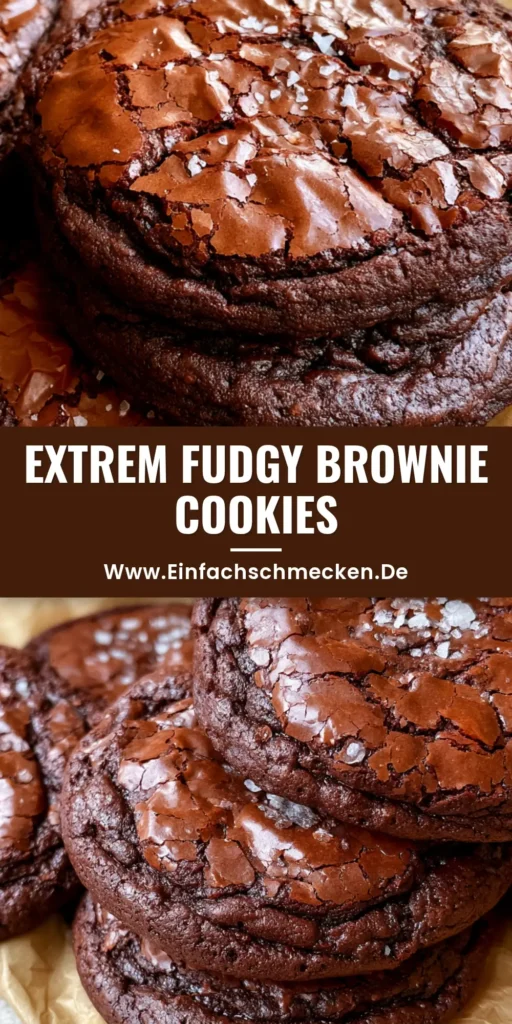 Nahaufnahme von Brownie Cookies mit rissiger glänzender Kruste und Meersalz auf Backpapier.