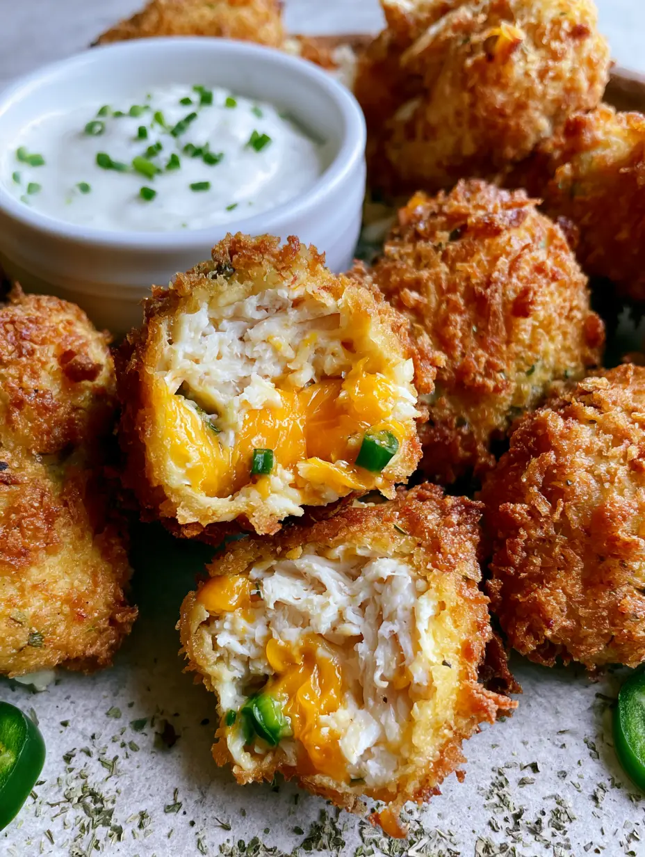 Nahaufnahme von knusprigen Hähnchen-Poppers mit Käse und einer Schale Ranch-Dip auf grauem Hintergrund.